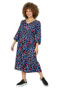 Thumbnail for MIAMODA women's plus size midi dress, colorful print, V-neck, 3/4 sleeves, black 46 202747118-46 on sale