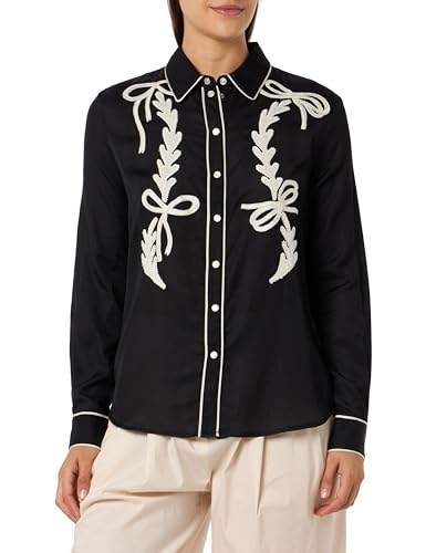 Pinko Damen Gestickte Satinhemd Chips Bluse, Zdg_Schwarz/Butter, 42 im Sale