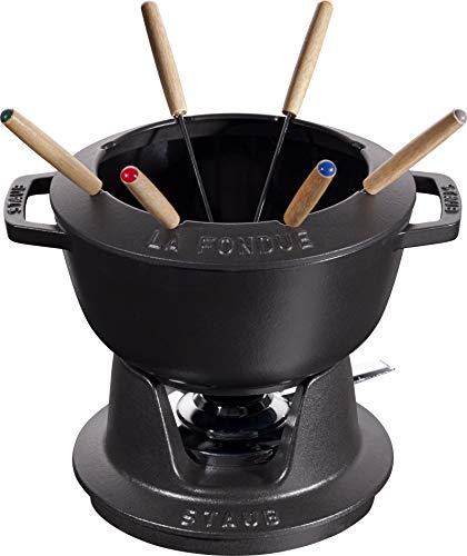 STAUB Fondue Set with 6 Forks, Cast Iron, 20 cm, 2.3 l, Suitable for Cheese, Chocolate, and Meat Fondue, Cherry Red on Sale