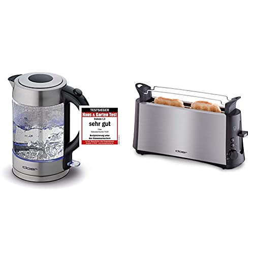 Cloer 4429 Glass Kettle, Test Winner Home and Garden 02.2019, 2200 Watt, 1.7 Liter, Stainless Steel, 1.7 liters &amp; Long Slot Toaster, 880 W for 2 slices of toast with brown bread function for toasting