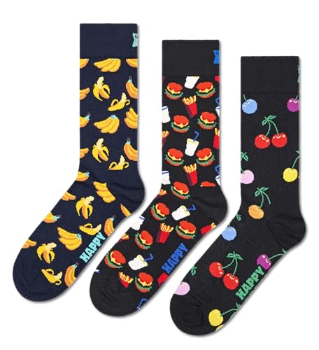 Happy Socks Classic Crew Socken für Damen und Herren – Bananen, Burger & Kirschen – 3er-Pack, im Sale