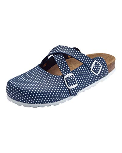 CLINIC DRESS Clog - Clogs Damen bunt. Schuhe für Krankenschwestern, Ärzte oder Pflegekräfte Navy/weiß, gepunktet, Polka Dots 38 im Sale