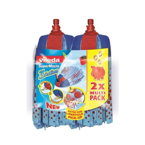 Vileda SuperMocio 3Action Mop Replacement Head, Microfiber Mop Head with Scrubber Zone and Velour Fibers, Ideal for Tiles and Stone Floors, 2-Pack Sale