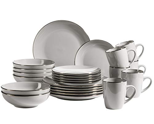 MÄSER Metallic Rim, Modernes Geschirr Set für 6 Personen mit messingfarbenem Rand, 24-teiliges Kombiservice mit randlosen Coupe-Formen, Steinzeug, Grau im Sale