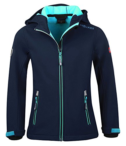 Trollkids Girls' Softshell Jacket Trollfjord, Navy/Mint, on Sale