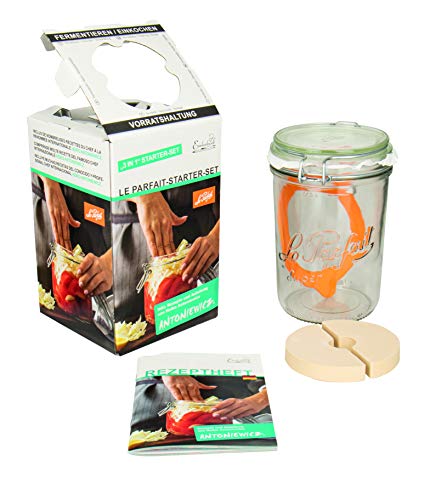 Weck Le Parfait Drahtbügelglas 1000 ml (inkl. Gummiring, Glas zum Fermentieren/einmachen, Einmachglas mit Rezept-Heft) 44840 im Sale