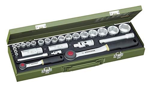 PROXXON socket wrench set, for all important car screws with 1/4 and 1/2 reversible ratchet, 27-piece tool set with steel case, 23020