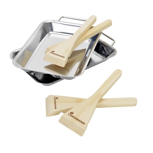 LANDMANN Selection Grill Pan Set | 2 stainless steel pans &amp; 4 bamboo scrapers | Suitable for small grilled items, vegetables, or grilled cheese | Scraper can be used as a handle &amp; for emptying [Stainless steel] on sale