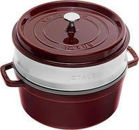 Thumbnail for STAUB Cast Iron Roasting Pan/Cocotte, with stainless steel steamer insert, Round 26 cm, 5.2 L, Aroma Regen function for optimal humidification, For all hob types including induction and oven, Cherry Red, Red on Sale