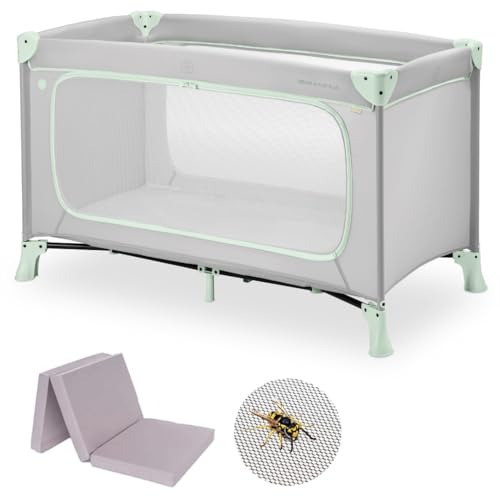 Hauck Baby Reisebett Set Dream n Play Plus mit Matratze und Moskitonetz - faltbares Kinder Babyreisebett mit Tasche und großem Eingang - Dusty Mint im Sale