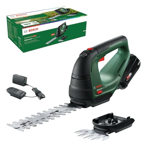 Bosch Akku Grasschere AdvancedShear 18V-10 (1 Akku 2,0 Ah, 18-Volt-System, schneidet bis zu 85 m² pro Akkuladung, mit Strauch- und Grasscherenmesser, im Karton) im Sale