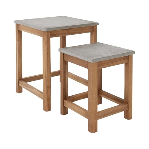 BUTLERS Side Tables Set of 2 with Concrete Top (40x40 cm / 30x30 cm) -Concrete- Plant Tables Made of FSC Wood in Natural Color | Indoor Outdoor Weatherproof Furniture for Balcony, Terrace, Garden, Kitchen on Sale