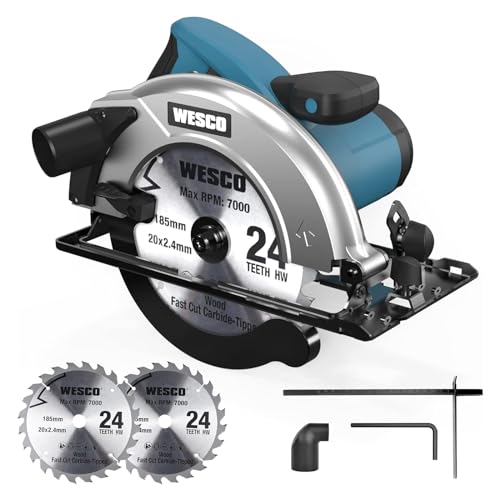 WESCO circular saw, 1400W hand-held circular saw with 24T 185mm circular saw blade, 5800rpm, max. cutting depth 65mm (90°), 45mm (45°), with guide rail, vacuum cleaner adapter, parallel stop on sale