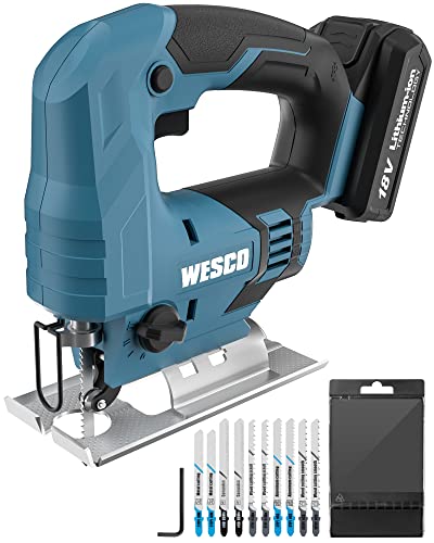 WESCO 18V cordless jigsaw with 2.0Ah battery and charger, 4-stage pendulum action, bevel cut ± 45°, 19 mm saw blade stroke, maximum cut 65 mm, 10 blades, tool-free saw blade change
