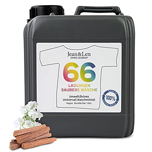 Jean &amp; Len Environmentally Friendly Universal Liquid Laundry Detergent, Canister Liquid Laundry Detergent with Floral-Citrus Scent of Jasmine &amp; Sandalwood, for up to 66 Loads, Heavy-Duty Liquid Laundry Detergent, Vegan, 2L