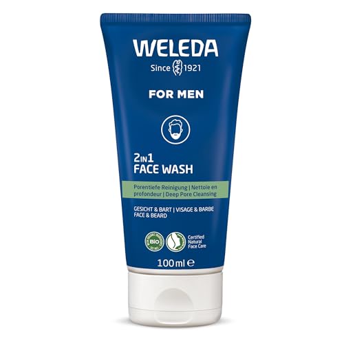 WELEDA Bio FOR MEN 2-in-1 Face Wash – refreshing natural cosmetics men's facial cleansing/beard care wash gel with willow bark and licorice root. Men's cleansing gel for face and beard (vegan / 100 ml) on sale