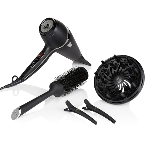 ghd air hair drying kit, professional hair dryer with diffuser, brush, clips and storage bag