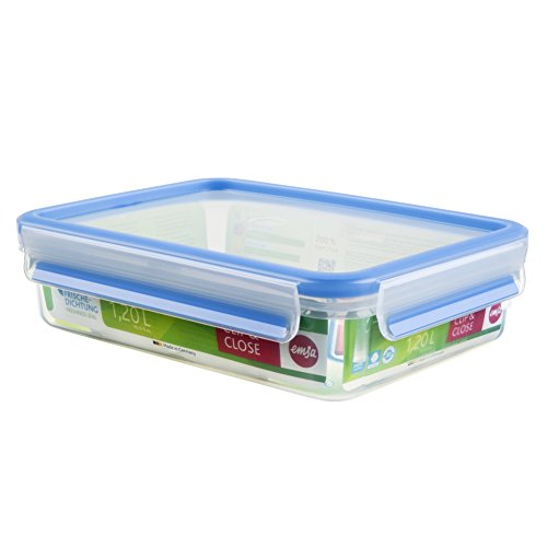 Emsa 508542 Clip &amp; Close | Rectangular food storage container | with lid | 1.2 liters | 100% leak-proof | Transparent/Blue on sale