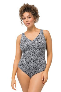 Thumbnail for Ulla Popken Damen, Laura, Struktur Blätter 826546 Badeanzug, Schwarz, 50 im Sale