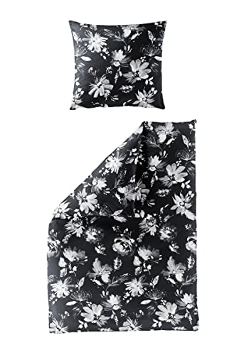 Bierbaum Mako Satin Bettwäsche 135x200cm 2 TLG. Blumen Blüten Schwarz Weiß Grau im Sale