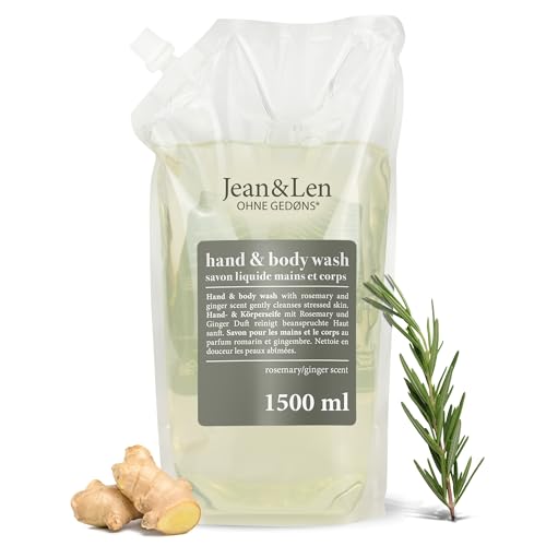Jean &amp; Len Hand &amp; Body Wash Rosemary and Ginger in a refill bag, cleanses and cares for the skin, spicy-fresh scent, liquid soap in a refill pack, without silicones, parabens &amp; microplastics, 1.5 on sale