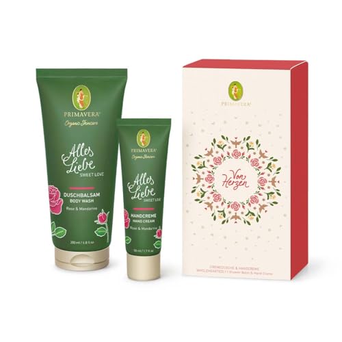 PRIMAVERA Geschenkset Von Herzen - Alles Liebe Handcreme und Duschbalsam, rosig-leichte Rezeptur, stimmungshebender Duft mit Rose bio, Mandarine bio im Sale