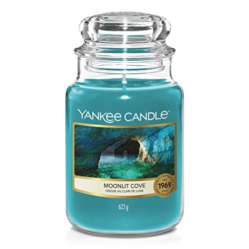 Yankee Candle Moonlit Cove, eine versteckte Bucht, das Mondlicht spiegelt sich im Wasser, Zitronenduft, Ingwer, Türkis, Brenndauer 110-115 Stunden, Groß, 1630410E im Sale