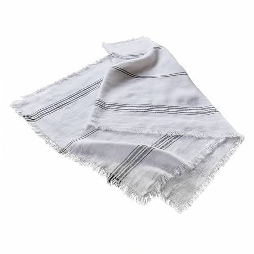 Loberon Tischläufer Ballina, Schlichtes, Elegantes Streifenmuster, moderner Look mit fransigen Kanten, Tischwäsche, Tischdecke, Baumwolle, Leinen, weiß/schwarz im Sale