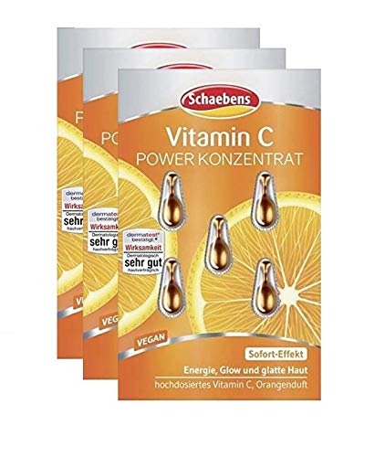Schaebens Vitamin C POWER KONZENTRAT - SOFORT-Effekt - Energie - Glow und glatte Haut - 3er Pack (15 Kapseln für 15 Anwendungen/ + Gratis Hologramm Sticker) - für alle Hauttypen