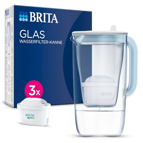 BRITA glass water filter jug ​​light blue (2.5l) including 3x MAXTRA PRO All-in-1 cartridges – premium design jug made of glass, robust &amp; lightweight / reduces limescale, chlorine, metals such as lead &amp; copper on sale