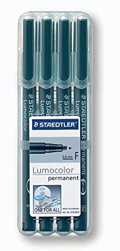 STAEDTLER permanent universal pen Lumocolor, smudge- and waterproof, dries in seconds, refillable, line width 0.6 mm, 4 black markers in a sturdy STAEDTLER box, 318-9WP4HZ on sale
