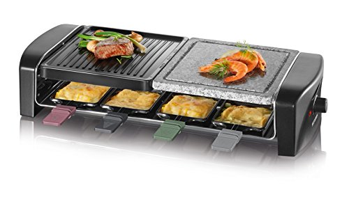 SEVERIN raclette grill with natural grill stone and grill plate, raclette with non-stick grill plate, table grill for 8 people, max. 1,400 W, stainless steel / black, RG 9645 on sale