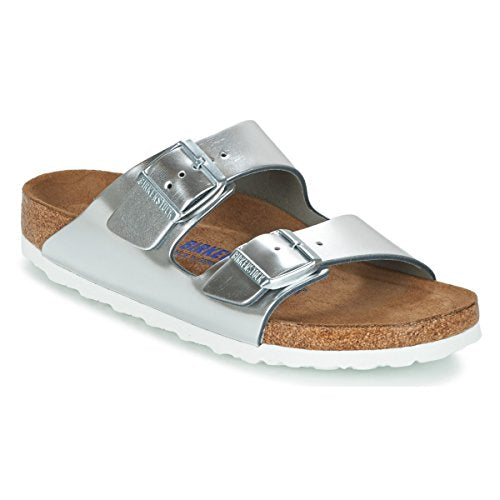 BIRKENSTOCK Damen Arizona Leder Softfootbed Pantoletten, Silber (Metallic Silver), EU im Sale