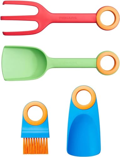 Fiskars Handgeräte-Set für Kinder, Blumenkelle, Pflanzgabel, Bürste und Pflanzkelle ohne Stiel, 4-in-1-Set, Glasfaserverstärkter Kunststoff, Grün/Rot/Blau/Orange, MyFirst Fiskars, 1062472 im Sale