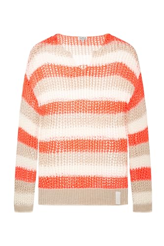 SOCCX Damen Streifenpullover in Ajourstrick Neon Orange/Dark Kitt im Sale