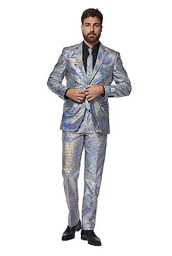 OppoSuits Silberner Anzug für Herren, Silvesterparty, holografisches Karomuster, Silber, inklusive passender Jacke, Hose und Krawatte, Discoballer, 52 im Sale