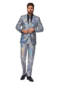 Thumbnail for OppoSuits Silberner Anzug für Herren, Silvesterparty, holografisches Karomuster, Silber, inklusive passender Jacke, Hose und Krawatte, Discoballer, 52 im Sale