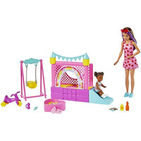 Thumbnail for Barbie Skipper Babysitter Inc Bounce House, 1x Puppe Skipper mit braunen und lila Haaren, 1x Kleinkind mit braunen Zöpfen, Schaukel, Rutsche, Zubehör, Geschenk für Kinder ab 3 Jahren im Sale