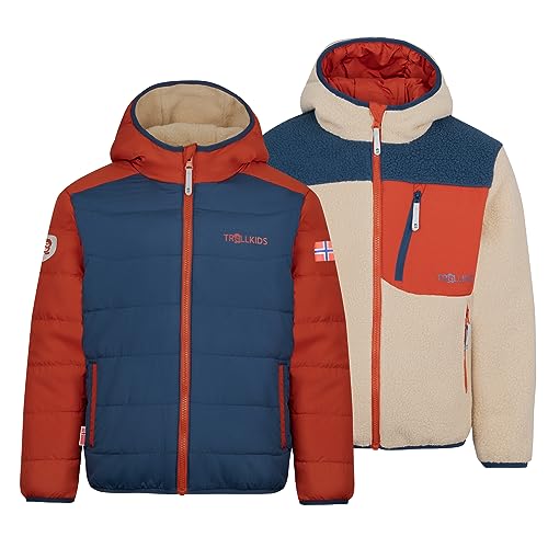 Trollkids winddichte Kinder Jacke mit Reißverschlusstaschen SANDVIKA, Wüstensand/Mystik Blau/Rostrot, im Sale