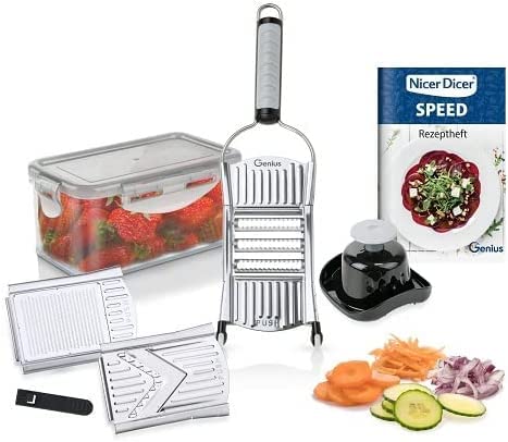 Genius Nicer Dicer Speed Set 9-tlg Multihobel - Gemüseschneider Gemüsehobel mit 3 Einsätzen, Schneidguthalter & Auffangbehälter 550ml | Parmesanreibe, Juliennereibe und V-Hobel, Silber im Sale