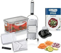 Thumbnail for Genius Nicer Dicer Speed Set 9-tlg Multihobel - Gemüseschneider Gemüsehobel mit 3 Einsätzen, Schneidguthalter & Auffangbehälter 550ml | Parmesanreibe, Juliennereibe und V-Hobel, Silber im Sale