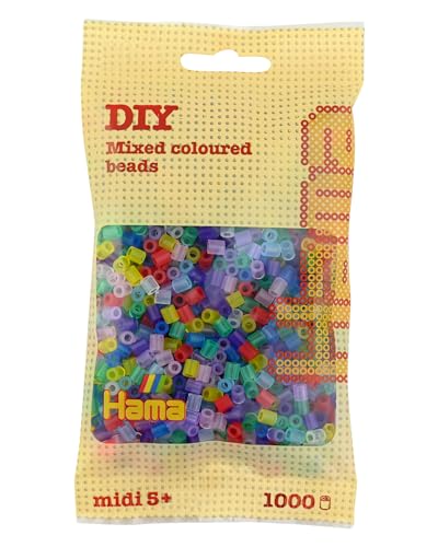 Hama Beads 207-53 Iron-on Beads Bag with approx. 1,000 colorful midi craft beads with a diameter of 5 mm in a transparent mix, creative crafting fun for all ages on sale