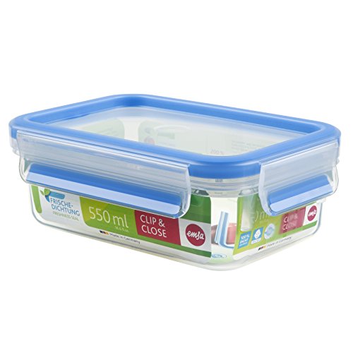 Emsa 508538 Clip &amp; Close Food Storage Containers | 0.55 | Rectangular Classic Format | Transparent/Blue | Clip Boxes | 100% Leakproof on Sale