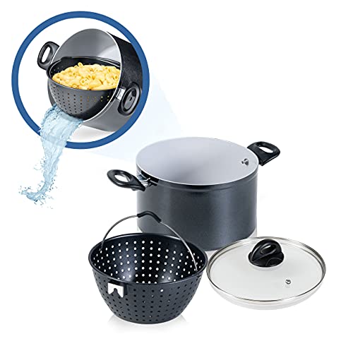 Genius Cerafit Magic Pot Kochtopf-Set 24cm - Topf 6,4l mit Siebeinsatz & Glasdeckel für einfaches Kochen, Abgießen & Servieren | keramikbeschichteter Nudeltopf für alle Herdarten, Schwarz, A24662 im Sale