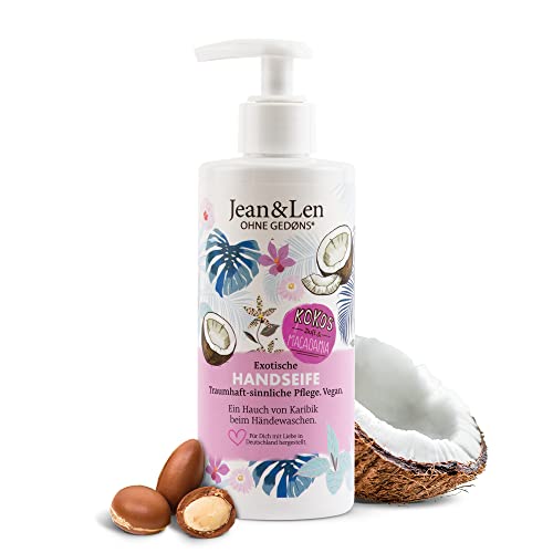 Jean &amp; Len Exotic Hand Soap Coconut &amp; Macadamia, gently cleanses hands, liquid soap in a pump dispenser, leaves skin feeling soft, exotic fragrance, paraben &amp; silicone-free, vegan, 250 ml on sale