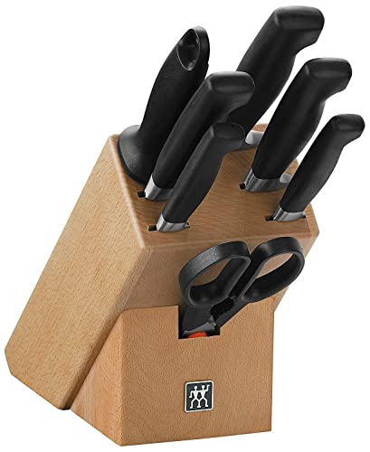 ZWILLING Vier Sterne Messerblock, 8-teilig, Holzblock, Messer, Wetzstab und Schere, Rostfreier Spezialstahl, Ergonomischer Kunststoff-Griff, Schwarz [Made in Germany] im Sale