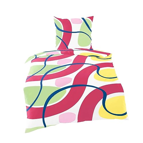 Bierbaum Mako Satin Bettwäsche 135x200cm 2 TLG. Abstrakt Bunt Rot Grün Blau Offwhite Gelb