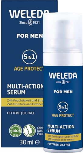 WELEDA Bio FOR MEN 5-in-1 Multi-Action Serum – Natural cosmetics anti-aging men's facial care concentrate reduces wrinkles and firms. Men's facial serum with aloe vera and pomegranate juice (vegan / 30 ml) on sale