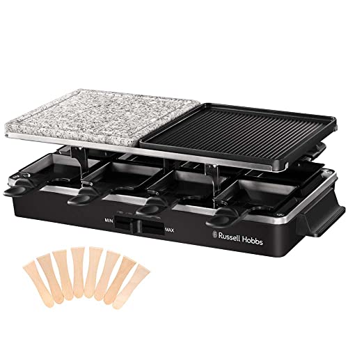 Russell Hobbs Raclette Grill 8 Personen [inkl. 8 Pfännchen und Holzspachtel, 2 Tischgrill-Platten] Multi-Grill (Naturstein mit Saftrinne, antihaftbeschichtete Wendeplatte geriffelt) Schwarz,26280-56 im Sale