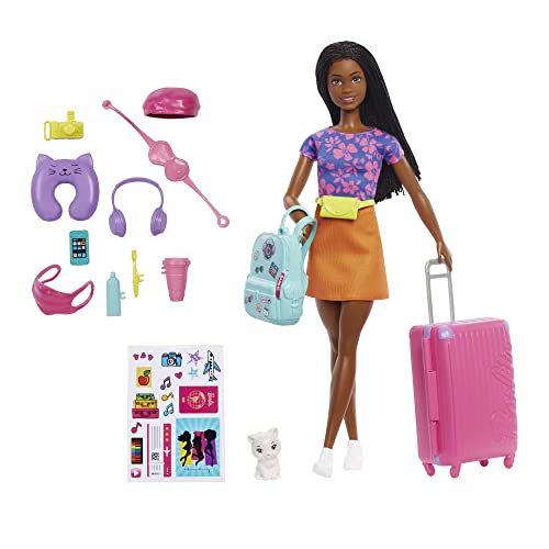 Barbie-Puppe, Reise-Barbie mit blonden Haaren, 10+ Reisezubehör, Aufkleber, Koffer, Welpe, inkl. 1 Puppe, Geschenk für Kinder, Spielzeug ab 3 Jahre,HJY18 im Sale